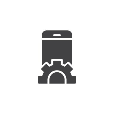 Cep Kur vektör simgesi. Mobil kavramı ve web tasarım için düz işareti dolu. Smartphone ve dişli basit katı simgesi. Sembol, logo illüstrasyon. Piksel mükemmel vektör grafikleri