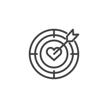 Kalp hedef amacı ile ok anahat simgesi. Mobil kavramı ve web tasarım için doğrusal stili işaret. A hedef vurma kalp basit çizgi vektör simgesi ile dart. Sembol, logo illüstrasyon