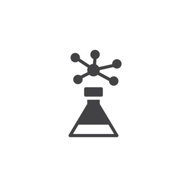 Şişesi ve molekül yapısı vektör simgesi. Mobil kavramı ve web tasarım için düz işareti dolu. Laboratuvar test basit katı simgesi. Sembol, logo illüstrasyon. Piksel mükemmel vektör grafikleri