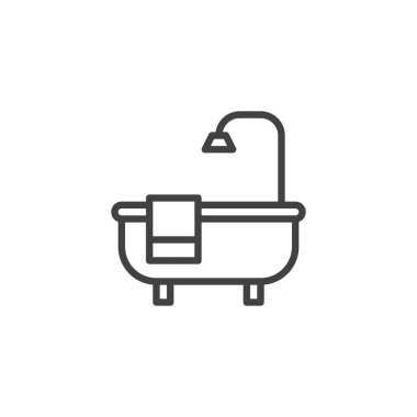 Küvet ve havlu anahat simgesi. Mobil kavramı ve web tasarım için doğrusal stili işaret. Banyo duş basit çizgi vektör simgesi olan. Sembol, logo illüstrasyon. Piksel mükemmel vektör grafikleri
