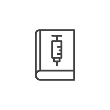 Şırınga anahat simgesi ile rezervasyon yaptırın. Mobil kavramı ve web tasarım için doğrusal stili işaret. Tıbbi kitap basit çizgi vektör simgesi. Sembol, logo illüstrasyon. Piksel mükemmel vektör grafikleri