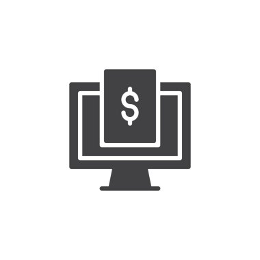 Dolar ve bilgisayar vektör simgesi izleyin. Mobil kavramı ve web tasarım için düz işareti dolu. Online ödeme basit katı simgesi. Sembol, logo illüstrasyon. Piksel mükemmel vektör grafikleri