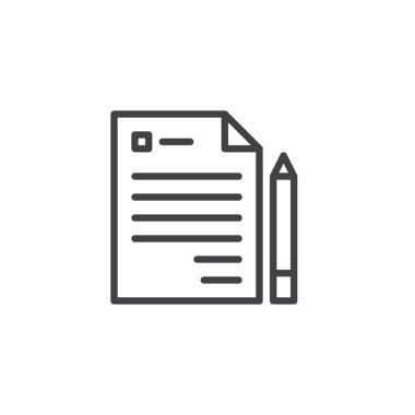 İş sözleşme belge anahat simgesi. Mobil kavramı ve web tasarım için doğrusal stili işaret. Kağıt ve kalem basit çizgi vektör simgesi. Sembol, logo illüstrasyon. Piksel mükemmel vektör grafikleri