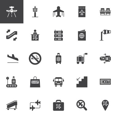 Havaalanı vektör simgeler kümesi, modern katı simgesi toplama, dolgulu tarz piktogram paketi. İşaretler logo illüstrasyon. Uçak, kontrol kulesi, uçak, bileti, koltuklar, yürüyen merdiven, pasaport gibi simgeler içerir