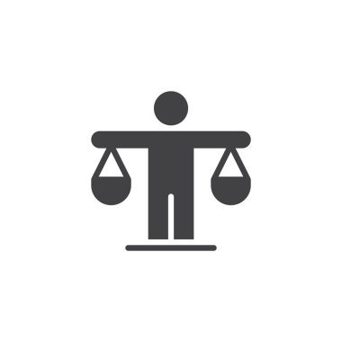 Adam ölçekler vektör simge tutuyor. Mobil kavramı ve web tasarım için düz işareti dolu. Verimlilik, karar basit katı simgesi. Sembol, logo illüstrasyon. Piksel mükemmel vektör grafikleri