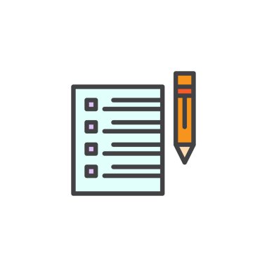 Denetim listesi ve kalem anahat simgesini, çizgi vektör işareti, üzerinde beyaz izole doğrusal renkli sembol dolu. Rapor simgesi, logo illüstrasyon. Piksel mükemmel vektör grafikleri