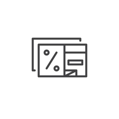 İndirim kartı anahat simgesi. Mobil kavramı ve web tasarım için doğrusal stili işaret. Kupon yüzdesi basit çizgi vektör simgesi. Sembol, logo illüstrasyon. Piksel mükemmel vektör grafikleri