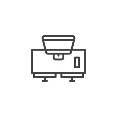 Tv ve Uzaktan kumanda, en iyi görünümü anahat simgesini dolapta. Mobil kavramı ve web tasarım için doğrusal stili işaret. basit çizgi vektör simgesi. Sembol, logo illüstrasyon. Piksel mükemmel vektör grafikleri