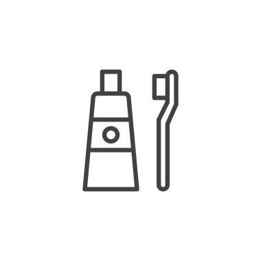 Diş macunu ve diş fırçası anahat simgesi. Mobil kavramı ve web tasarım için doğrusal stili işaret. Diş Bakımı basit çizgi vektör simgesi. Sembol, logo illüstrasyon. Piksel mükemmel vektör grafikleri