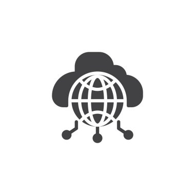 Küresel bulut bilgi işlem vektör simgesi. Mobil kavramı ve web tasarım için düz işareti dolu. Dünya Küre ve ağ bulut basit katı simgesi. Sembol, logo illüstrasyon. Piksel mükemmel vektör grafikleri