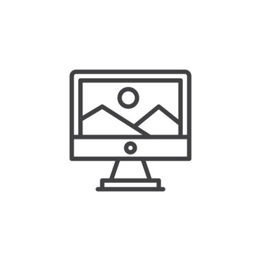 Bilgisayar monitör ekran anahat simgesini dağ manzarası. Mobil kavramı ve web tasarım için doğrusal stili işaret. Bilgisayar sanat basit çizgi vektör simgesi. Sembol, logo illüstrasyon