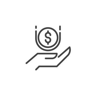 El ile düşen para anahat simgesi. Mobil kavramı ve web tasarım için doğrusal stili işaret. Gelir basit çizgi vektör simgesi. Sembol, logo illüstrasyon. Piksel mükemmel vektör grafikleri