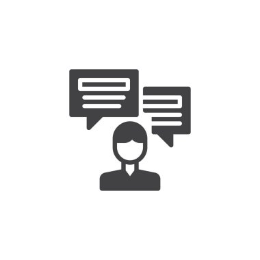 Adam kişi konuşma kabarcıklar vektör simgesi olan. Mobil kavramı ve web tasarım için düz işareti dolu. Yönetim danışmanlık basit katı simgesi. Sembol, logo illüstrasyon. Piksel mükemmel vektör grafikleri