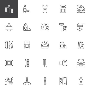Hijyen öğeleri Icons set anahat. Doğrusal stil semboller koleksiyonu, hat paketi imzalar. vektör grafikleri. Havlu, diş fırçası ve diş macunu, simgeler içerir tıraş, sabun, diş ipi