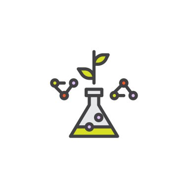 Yaprak ve molekül ile test şişesi dolu anahat simgesini, çizgi vektör işareti, üzerinde beyaz izole doğrusal renkli sembol. Bitkisel eczane sembolü, logo illüstrasyon. Piksel mükemmel vektör grafikleri