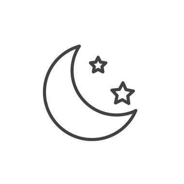 Ay ve yıldız simgesini anahat. Mobil kavramı ve web tasarım için doğrusal stili işaret. Gece saat satırı vektör simgesi. Sembol, logo illüstrasyon. Piksel mükemmel vektör grafikleri