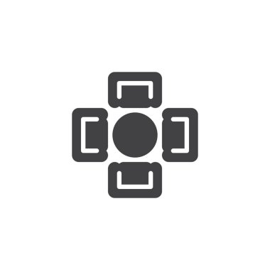 Yuvarlak yemek masası koltuklar üstten görünüm vektör simgesi olan. Mobil kavramı ve web tasarım için düz işareti dolu. basit katı simgesi. Sembol, logo illüstrasyon. Piksel mükemmel vektör grafikleri