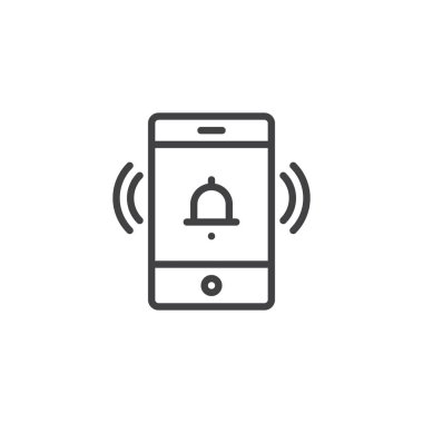 Cep telefonu zil anahat simgesi. Mobil kavramı ve web tasarım için doğrusal stili işaret. Akıllı telefon çalar saat satırı vektör simgesi. Sembol, logo illüstrasyon. Piksel mükemmel vektör grafikleri