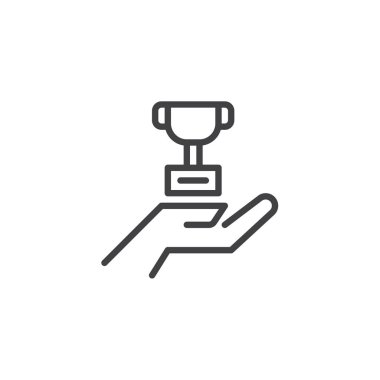 Trophy Kupası anahat simgesi tutan el. Mobil kavramı ve web tasarım için doğrusal stili işaret. Başarı basit çizgi vektör simgesi. Sembol, logo illüstrasyon. Piksel mükemmel vektör grafikleri
