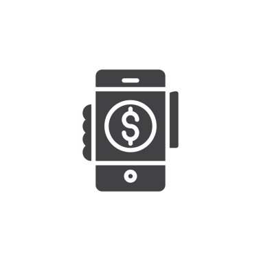 Elini tut Doları para ile cep telefonu vektör simgesini görüntüle. Mobil kavramı ve web tasarım için düz işareti dolu. Mobil ödeme basit katı simgesi. Sembol, logo illüstrasyon