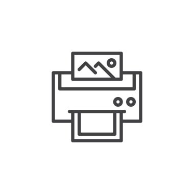 Fotoğraf yazıcı anahat simgesi. Mobil kavramı ve web tasarım için doğrusal stili işaret. Fotoğraf yazdırma aygıtı basit çizgi vektör simgesi. Sembol, logo illüstrasyon. Piksel mükemmel vektör grafikleri