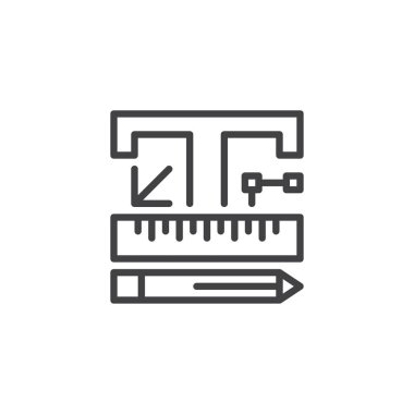 Yazı tipi tasarım anahat simgesi. Mobil kavramı ve web tasarım için doğrusal stili işaret. Mektup T ve çizim araçları kalem ve cetvel basit çizgi vektör simgesi. Sembol, logo illüstrasyon. Vektör grafikleri