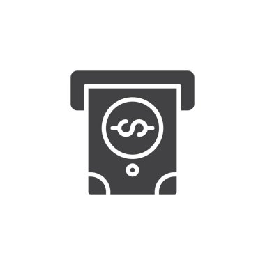 ATM ve Doları para vektör simgesi. Mobil kavramı ve web tasarım için düz işareti dolu. Para çekme makinesi basit katı simgesi. Sembol, logo illüstrasyon. Piksel mükemmel vektör grafikleri