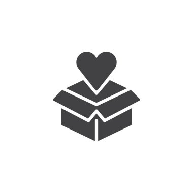 Açık kutu ve kalp vektör simgesi. Aşk armağanı mobil kavramı ve web tasarım için düz işareti dolu. Karton kutu kalp basit katı simgesi ile. Sembol, logo illüstrasyon. Piksel mükemmel vektör grafikleri