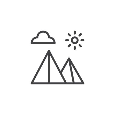 Mısır piramitleri anahat simgesini manzara. Mobil kavramı ve web tasarım için doğrusal stili işaret. Güneş bulut ve çöl basit çizgi vektör simgesinde piramit. Sembol, logo illüstrasyon