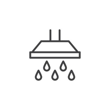 Duş başlığı ve büyük su damlaları düşen anahat simgesi. Mobil kavramı ve web tasarım için doğrusal stili işaret. Duş ve su damla basit çizgi vektör simgesi. Sembol, logo illüstrasyon. Vektör grafikleri