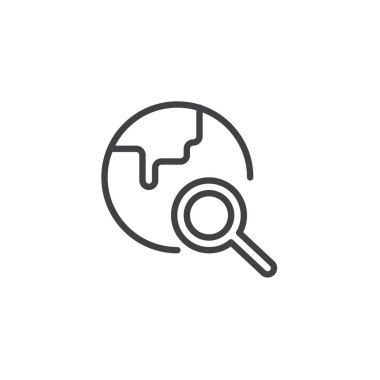 Dünya Küre ve Büyüteç camı anahat simgesi. Mobil kavramı ve web tasarım için doğrusal stili işaret. Genel arama basit çizgi vektör simgesi. Sembol, logo illüstrasyon. Piksel mükemmel vektör grafikleri