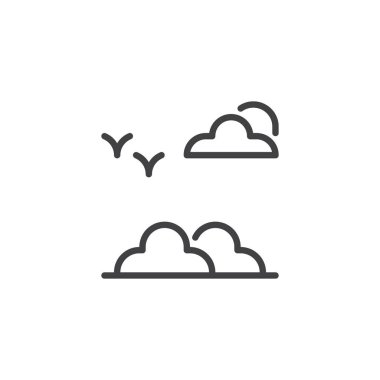 Kuşlar ve bulutlar simgesi anahat. Mobil kavramı ve web tasarım için doğrusal stili işaret. Uçan kuşlar gökyüzü basit çizgi vektör simgesi. Sembol, logo illüstrasyon. Piksel mükemmel vektör grafikleri