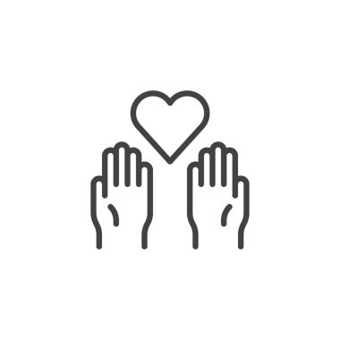 Avuç içi anahat simgesini sadaka kalp. Mobil kavramı ve web tasarım için doğrusal stili işaret. Bağış elle kalp basit çizgi vektör simgesi. Sembol, logo illüstrasyon