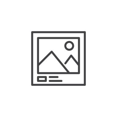 Fotoğraf çerçevesi yatay anahat simgesi. Mobil kavramı ve web tasarım için doğrusal stili işaret. Dağ ve güneş basit çizgi vektör simgesi olan manzara resmi. Sembol, logo illüstrasyon