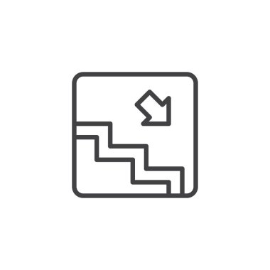 Metro merdivenleri ok anahat simgesi. Mobil kavramı ve web tasarım için doğrusal stili işaret. Merdivenlerden aşağı satırı vektör simgesi. Sembol, logo illüstrasyon. Piksel mükemmel vektör grafikleri