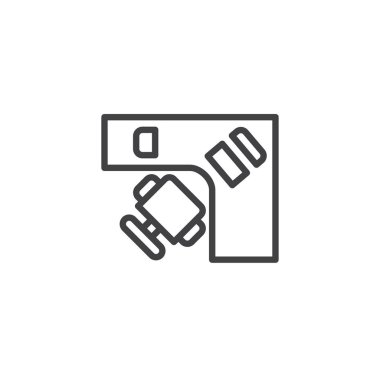 Köşe bilgisayar masası sandalye en iyi görünümü anahat simgesi olan. Mobil kavramı ve web tasarım için doğrusal stili işaret. basit çizgi vektör simgesi. Sembol, logo illüstrasyon. Piksel mükemmel vektör grafikleri