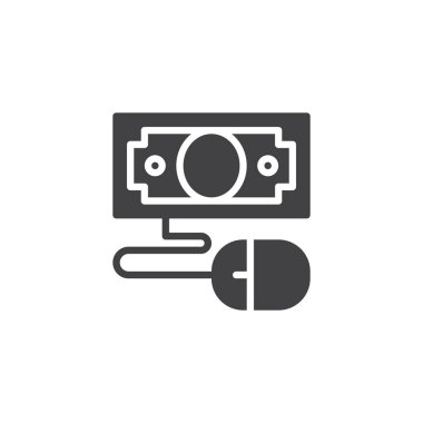 Vektör ikonuna tıklayın ödeme. Mobil kavramı ve web tasarım için düz işareti dolu. Dolar para ve bilgisayar fare basit katı simgesi. Sembol, logo illüstrasyon. Piksel mükemmel vektör grafikleri