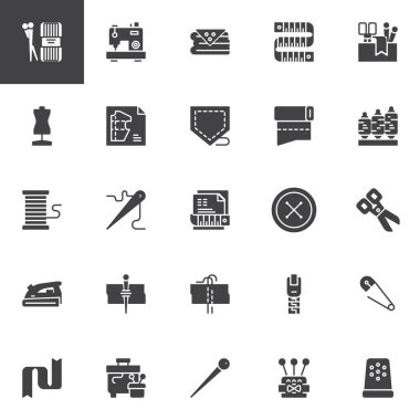 Vektör simgeler dikiş seti, modern katı sembolü koleksiyonu, tarz piktogram paketi dolu. İşaretler, logo illüstrasyon. Örgü, dikiş makinesi, kumaş, teyp, desen, cep ölçüm simge kümesi içerir