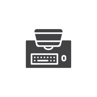 Masaüstü bilgisayar üstten görünüm vektör simgesi. Mobil kavramı ve web tasarım için düz işareti dolu. Monitör klavye ve fare üstünde okul sırası ile yukarıda basit katı simgesini görüntüleyin. Sembol, logo illüstrasyon