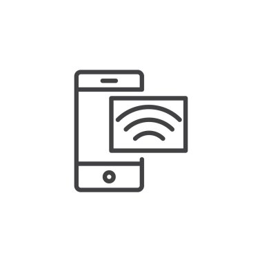 Hareket eden telefon ve kablosuz ağ anahat simgesini. Mobil kavramı ve web tasarım için doğrusal stili işaret. Kablosuz teknoloji basit çizgi vektör simgesi. Sembol, logo illüstrasyon. Vektör grafikleri