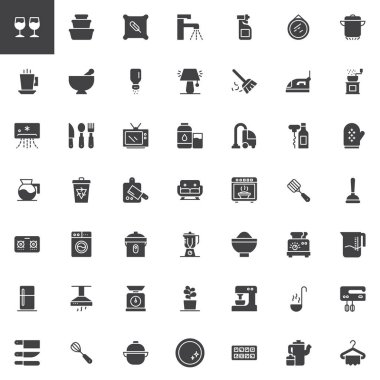 Homeware vektör simgeler kümesi, modern katı simgesi toplama, dolgulu tarz piktogram paketi. İşaretler, logo illüstrasyon. Şarap kadehi, konteyner, yastık, dokunun, püskürtme, Klima gibi simgeler içerir