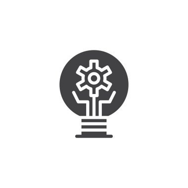 Dişli vektör simgesi olan ampul. Mobil kavramı ve web tasarım için düz işareti dolu. Karikatür lamba basit katı simgesi. Yaratıcı bir fikir sembolü, logo illüstrasyon. Piksel mükemmel vektör grafikleri
