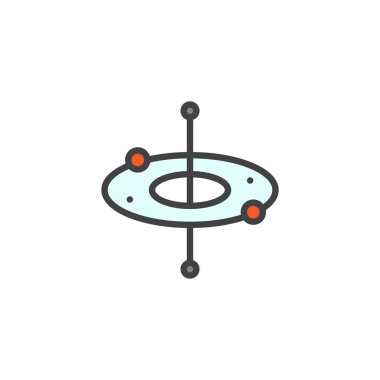 Atom yapısı doldurulmuş anahat simgesini, çizgi vektör işareti, doğrusal renkli sembol üzerinde beyaz izole yuvarlak. Elektron boşluklardır sembolü, logo illüstrasyon. Piksel mükemmel vektör grafikleri