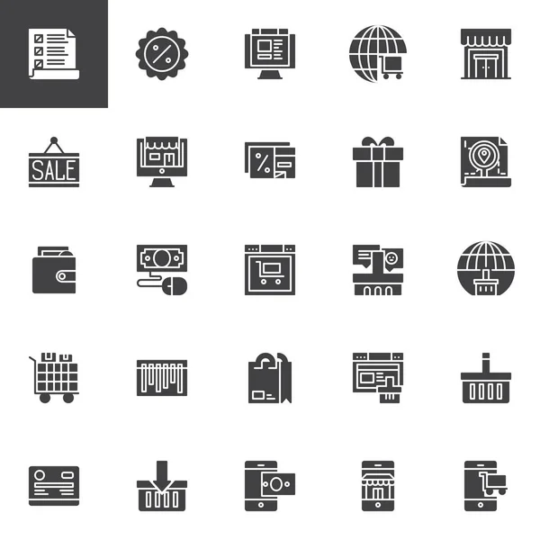 ベクトルのアイコンを設定 現代固体シンボル コレクション いっぱいスタイル絵文字パックのオンライン ショッピング ロゴの図 ウィッシュ リスト ストアのアイコンがセットに含まれていますギフト ボックス — ストックベクタ