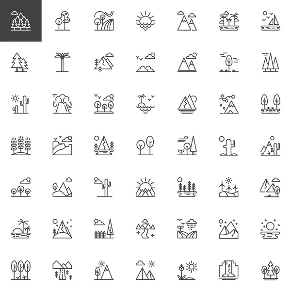 Natuur Landschappen Schets Iconen Set Lineaire Stijl Symbolen Collectie Lijn — Stockvector