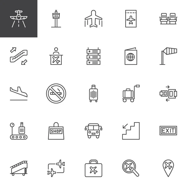 Flughafen Umrisse Symbole Gesetzt Lineare Stilsymbolsammlung Linienschilderpackung Vektorgrafiken Set Enthält — Stockvektor