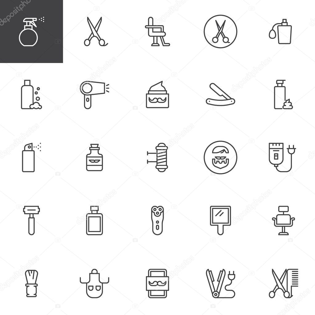 Barber shop outline icons set. linear style symbols collection, line signs pack. vector graphics. Set includes icons as Spray, Scissors, Chair, Perfume, Shampoo, Hair Dryer, Razor, Wax Straighten