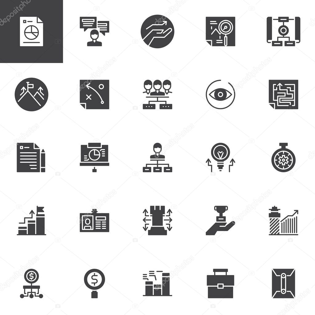 Universal business vector icons set, modern solid symbol collection, filled style pictogram pack. Signs, logo illustration. Set includes icons as Report, Communication, Growth, Analytics, Teamwork