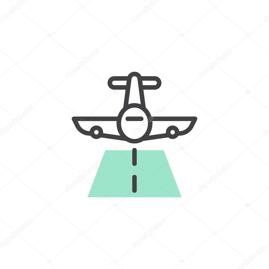 Flying plane icon vector, linear flat sign, bicolor pictogram, green and gray colors. Aircraft and landing strip symbol, logo illustration