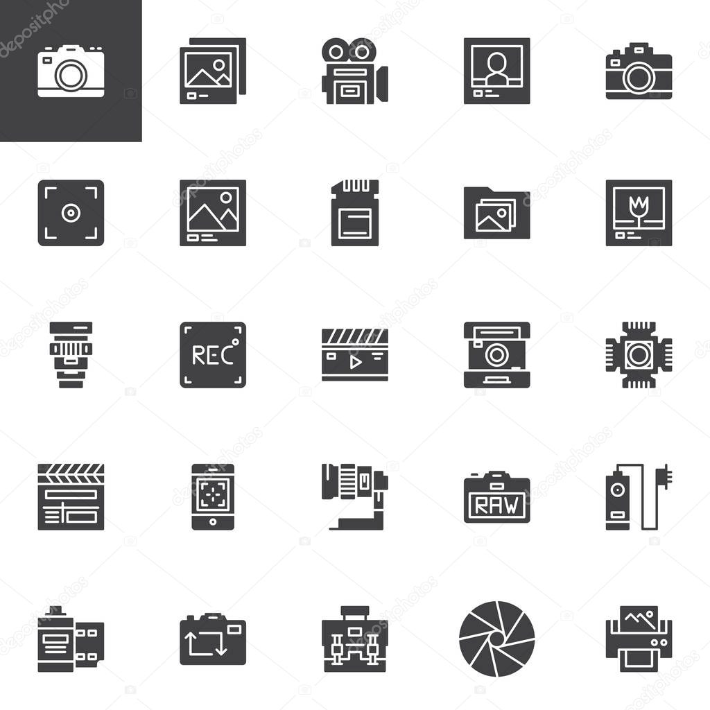 Photography accessories vector icons set, modern solid symbol collection, filled style pictogram pack. Signs logo illustration. Set includes icons as photo camera, lens, shutter, objective, film strip